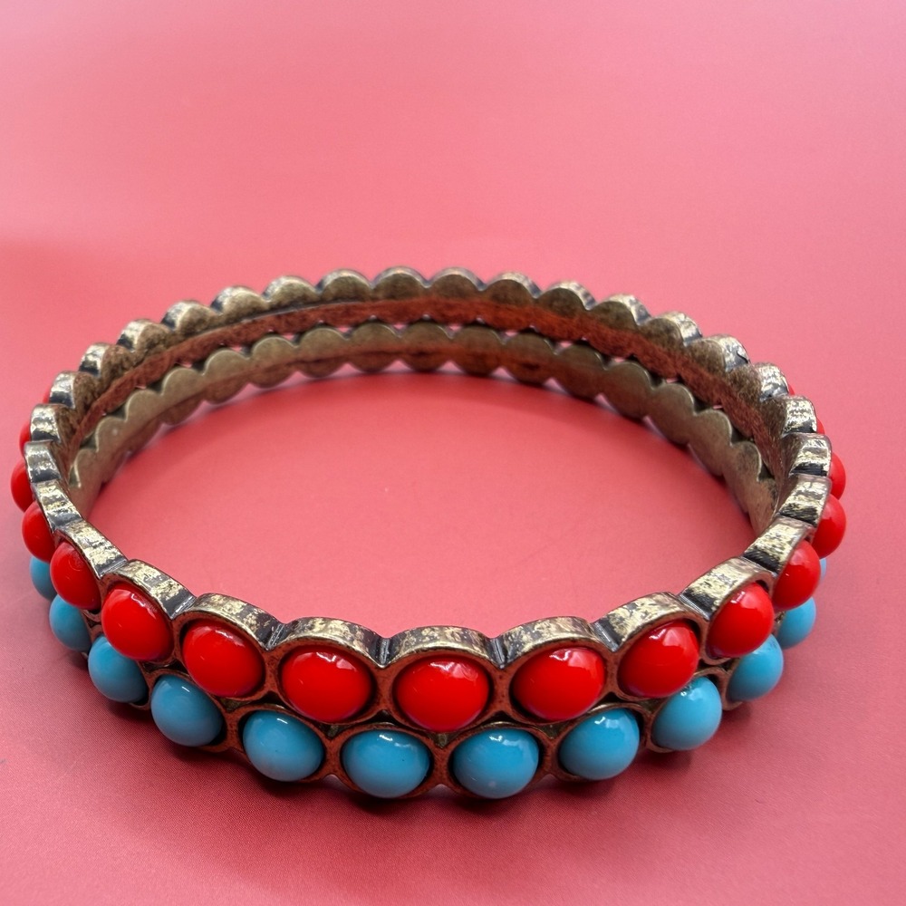 Set of 2 Red Turquoise Tone Cabochon Bangle Bracelets Statement Vintage Style
